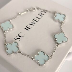 Sky Blue Clover Bracelet Double Sided Silver Color Chain Platinum Plated